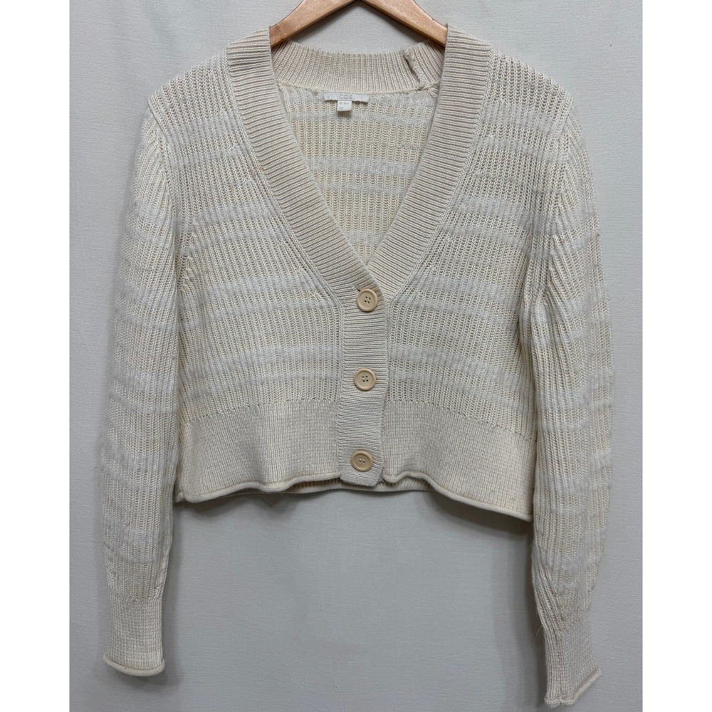 COS Women's Cardigan Sweater Cream White Ribbed Knit Cropped Alpaca Wool XS